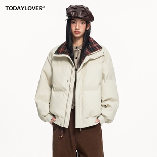 TODAYLOVER格纹PU皮立领棉衣女冬季 cleanfit保暖加厚棉服外套 美式