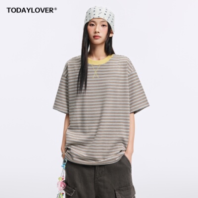 TODAYLOVER撞色条纹短袖T恤女夏