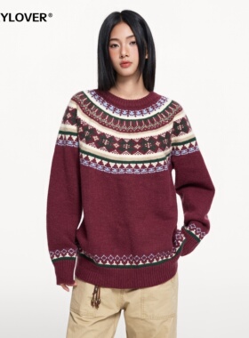 TODAYLOVER费尔岛提花圆领套头毛衣女冬季美式复古慵懒风针织衫潮