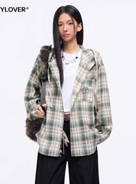 TODAYLOVER小狗刺绣格纹衬衫女春季美式慵懒风oversize休闲衬衣潮