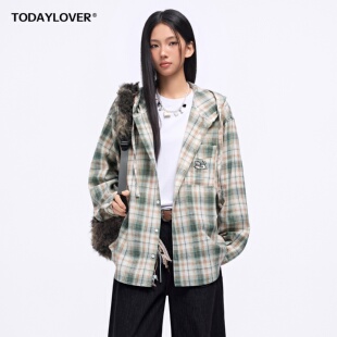 TODAYLOVER小狗刺绣格纹衬衫女春季美式慵懒风oversize休闲衬衣潮