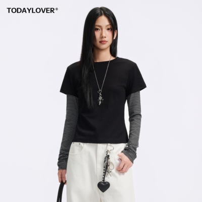 TODAYLOVER撞色条纹假两件T恤女