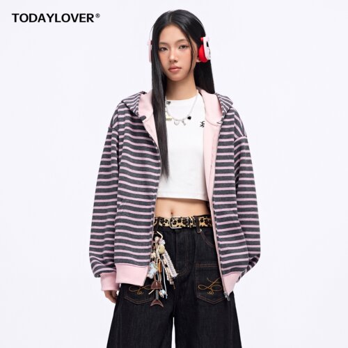 TODAYLOVER慵懒风条纹连帽卫衣