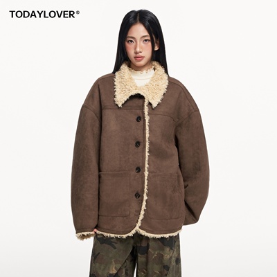 TODAYLOVER羊羔毛鹿皮绒棉衣女冬季美式皮毛一体加厚保暖棉服外套