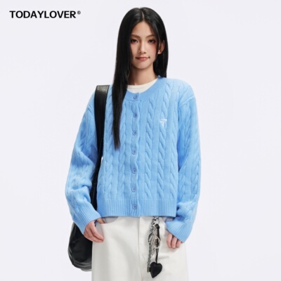 TODAYLOVER圆领长袖麻花开衫毛衣