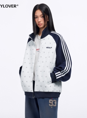 TODAYLOVER星星撞色拼接开衫卫衣女春季美式休闲运动情侣立领外套