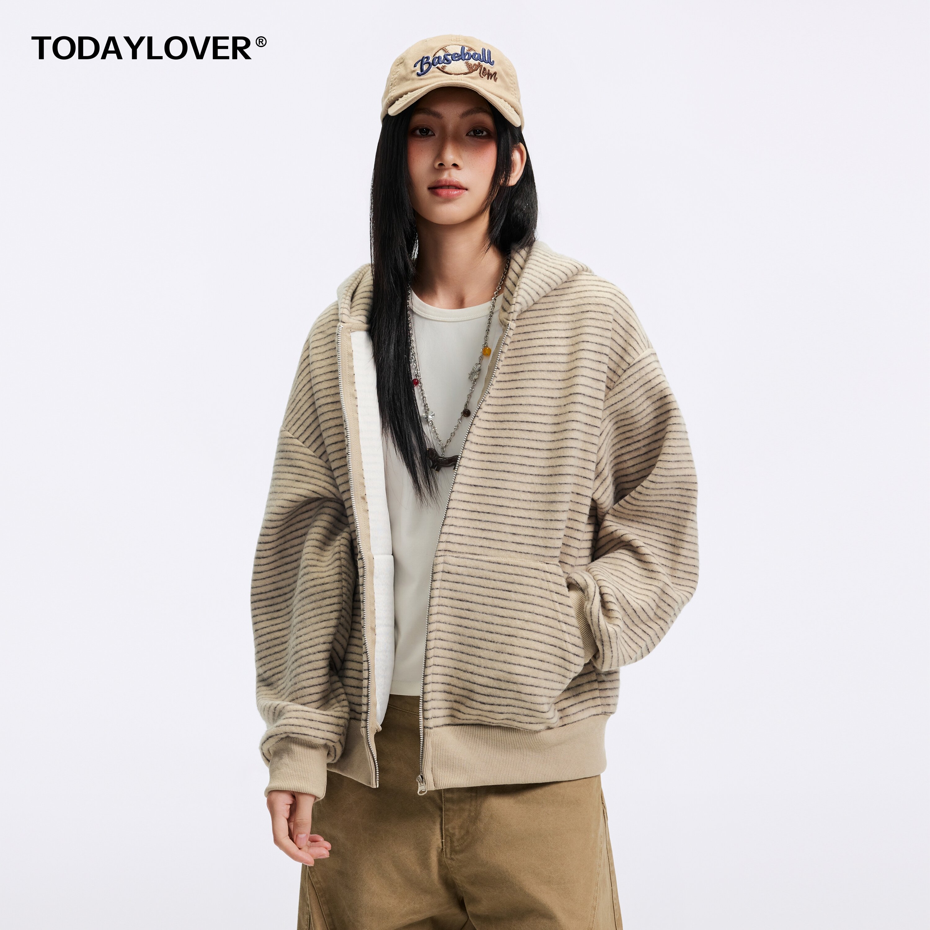 TODAYLOVER条纹连帽卫衣女秋季美式cleanfit宽松情侣慵懒风外套潮
