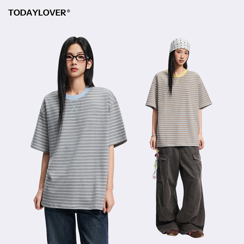 TODAYLOVER复古撞色条纹短袖