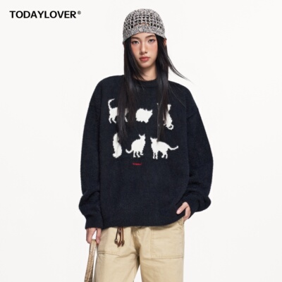 TODAYLOVER小猫提花圆领毛衣女
