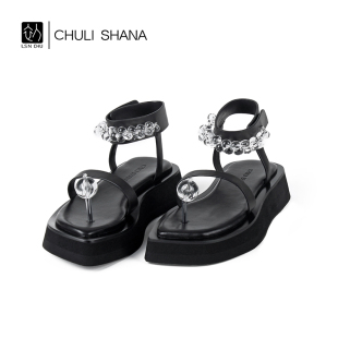 CHULI 3.8折 SHANA 愿 设计一字带平跟凉鞋 简约夹趾凉鞋 特价