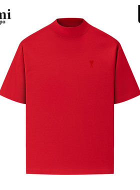Ami iepo官方短袖男女款美式重磅潮牌情侣休闲红色半高领T恤定制