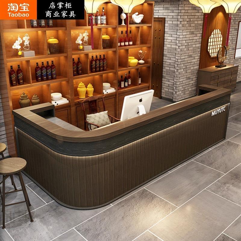 实木覆古收银台转角饭店餐厅酒吧吧台桌餐馆餐饮酒柜一体弧形定制