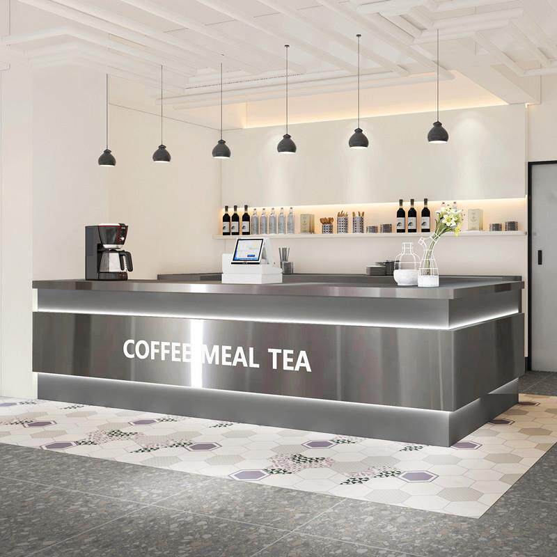 奶茶店吧台收银水吧简约弧形不锈钢前台咖啡甜品店转角定制