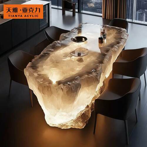发光岛台餐桌一体暖黄白色透明高级轻奢树脂冰川感亚克力水晶吧台