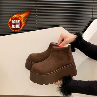气质厚底增高雪地靴女款加绒勃肯鞋短靴冬季加厚保暖东北棉鞋