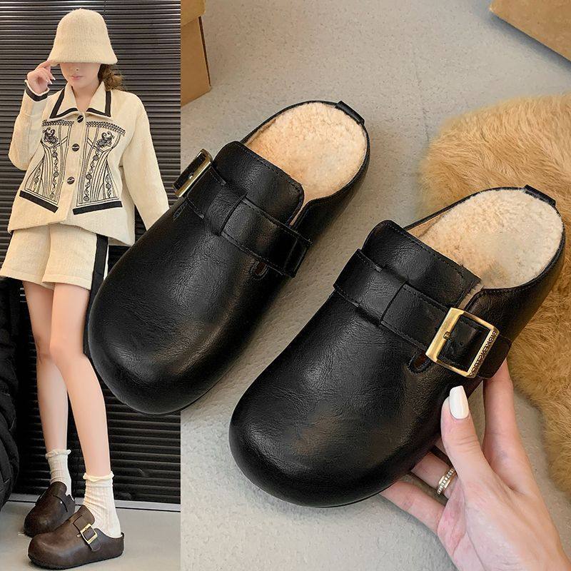 秋冬季复古平底加绒包头半拖鞋女软底一脚蹬勃肯棉拖鞋女