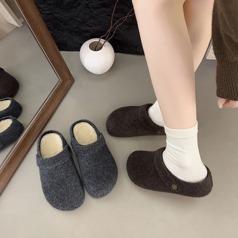 优雅包头拖鞋厚底百搭复古加绒勃肯鞋女半托秋冬季毛毡穆勒鞋