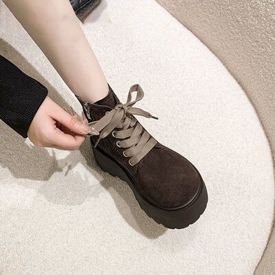 加绒保暖百搭复古系带内侧拉链时尚短靴厚底增高马丁靴女
