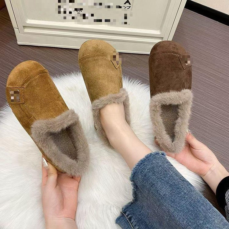 冬季博肯鞋女士鞋平底加绒加厚保暖防寒豆豆脚蹬软底防滑棉鞋