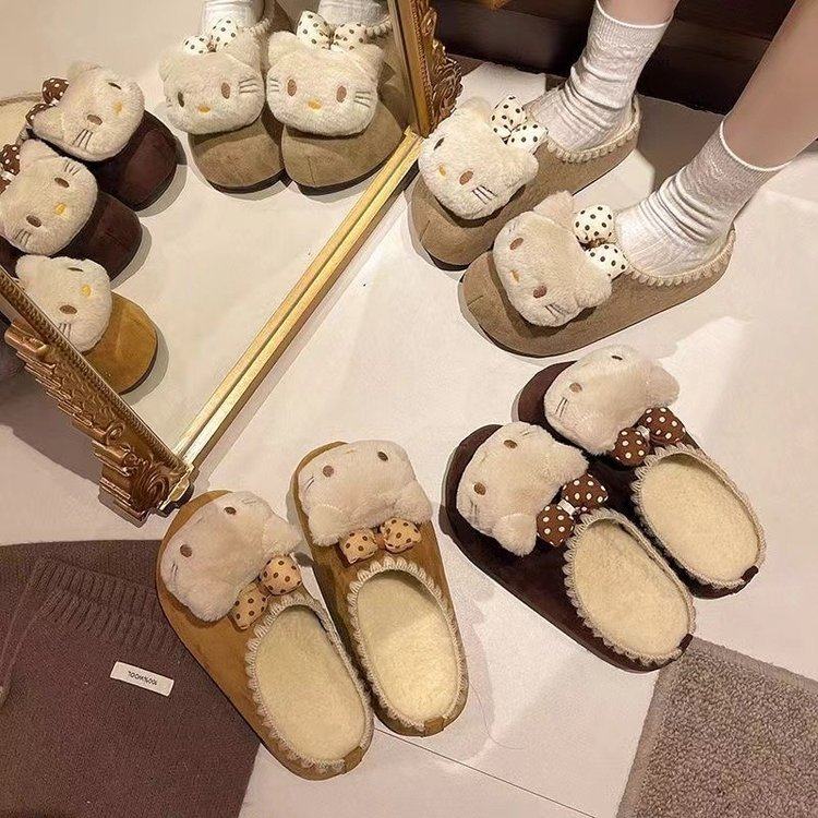 秋冬季可爱卡通猫猫加绒包头棉拖鞋时尚厚底增高勃肯鞋女