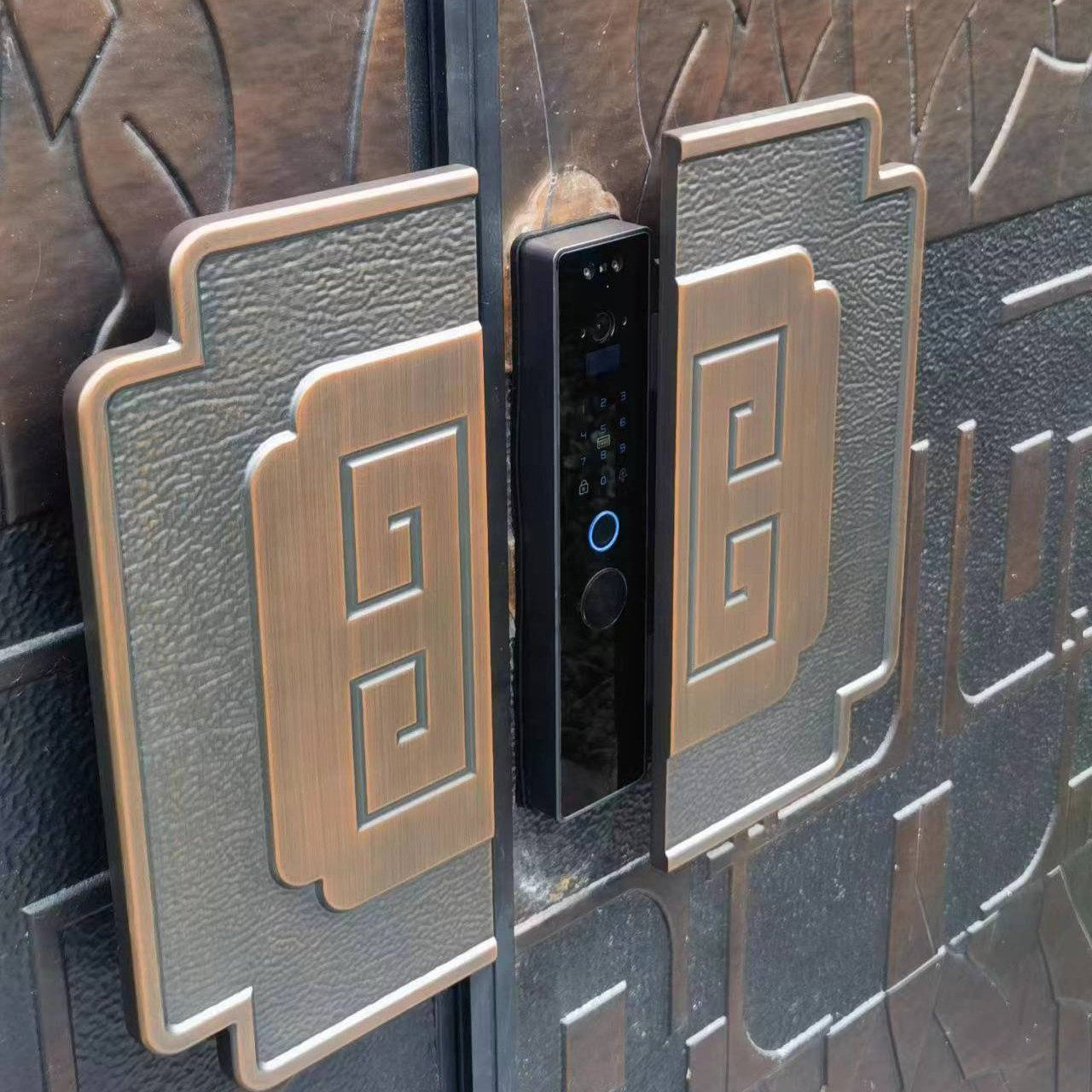 神岳中式智能门锁别墅实木双开 关滑盖密码指纹锁欧式门把防盗大