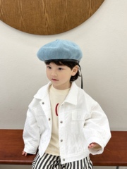儿童韩版防晒新款时尚pu皮包边可调节亚麻针织透气贝雷帽画家帽潮