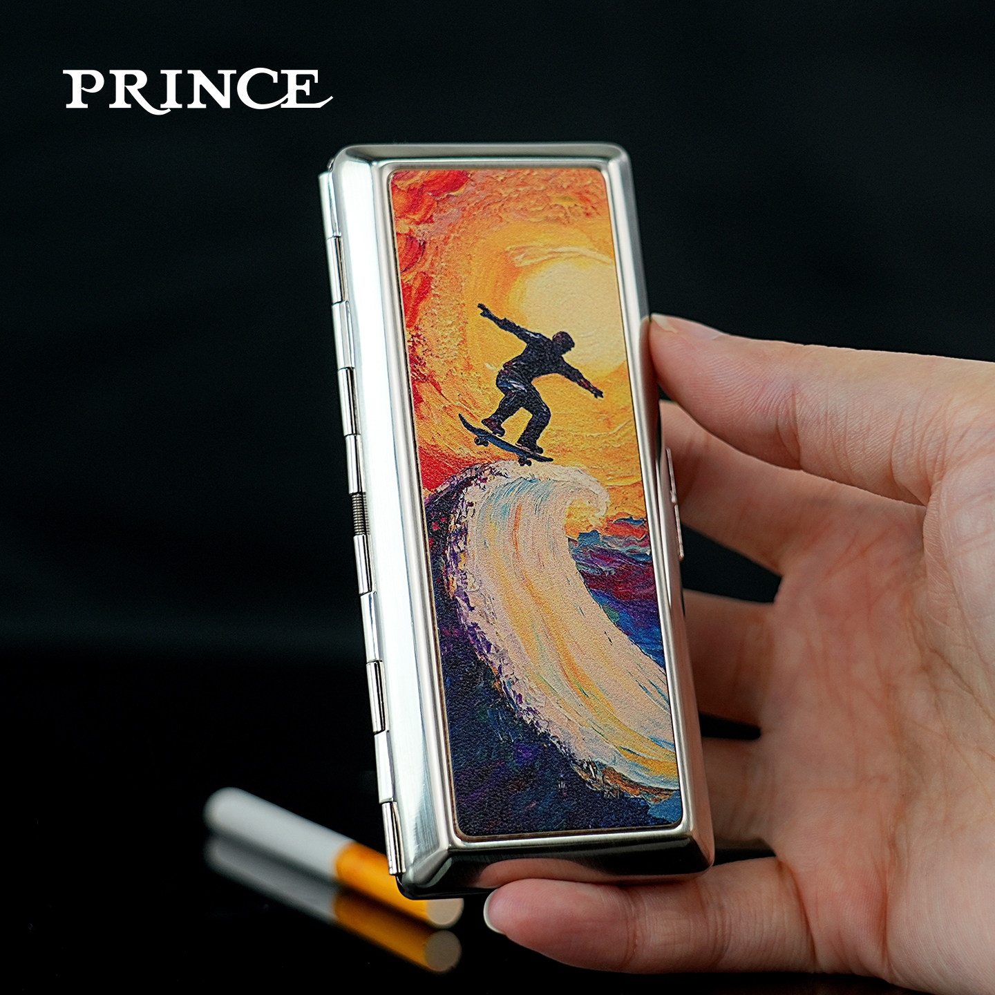 日本PRINCE王子烟盒滑板冲浪创意真皮彩绘便携烟夹平压个性礼物