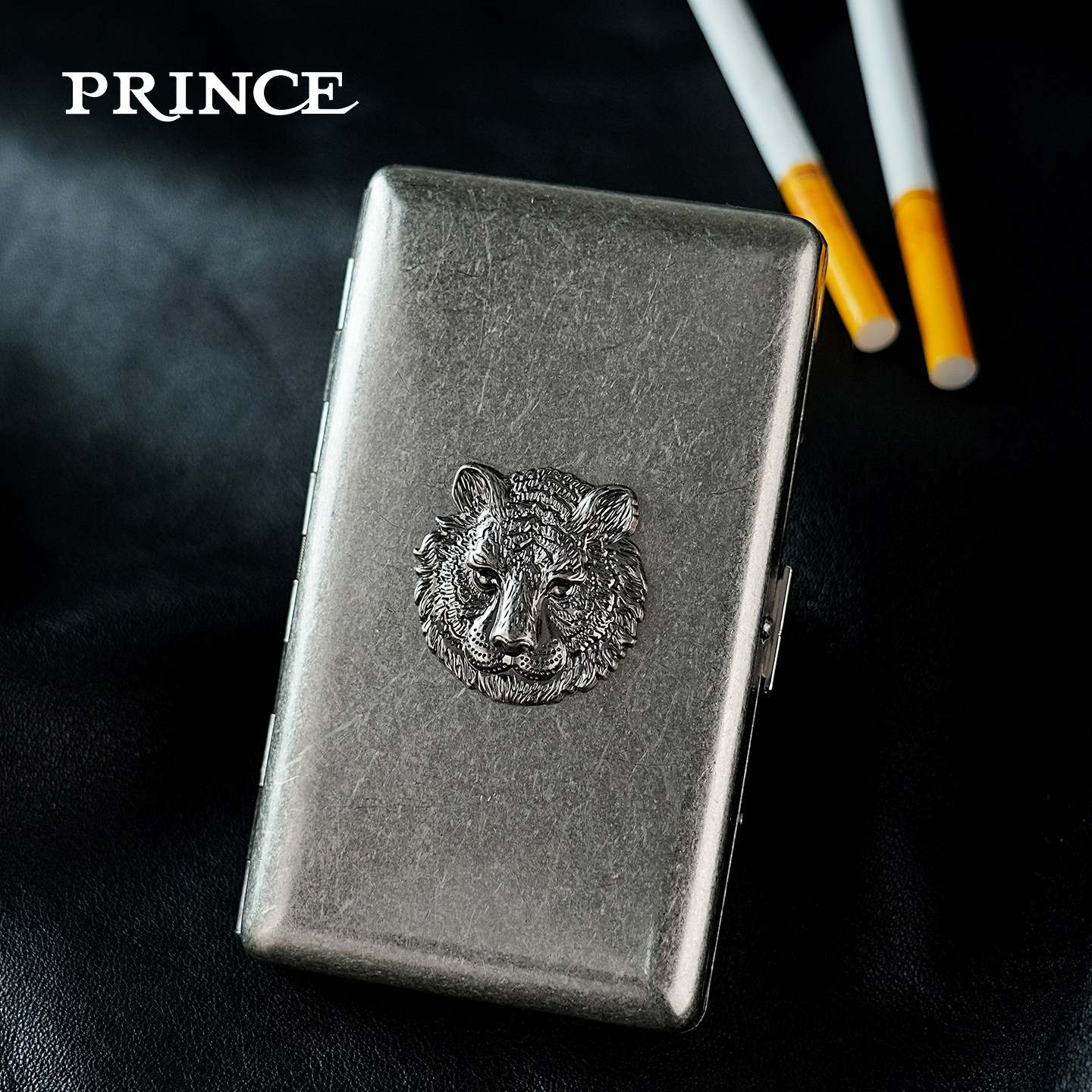 PRINCE王子烟盒高档香烟收纳盒可装粗中细烟古银做旧虎头贴章烟夹