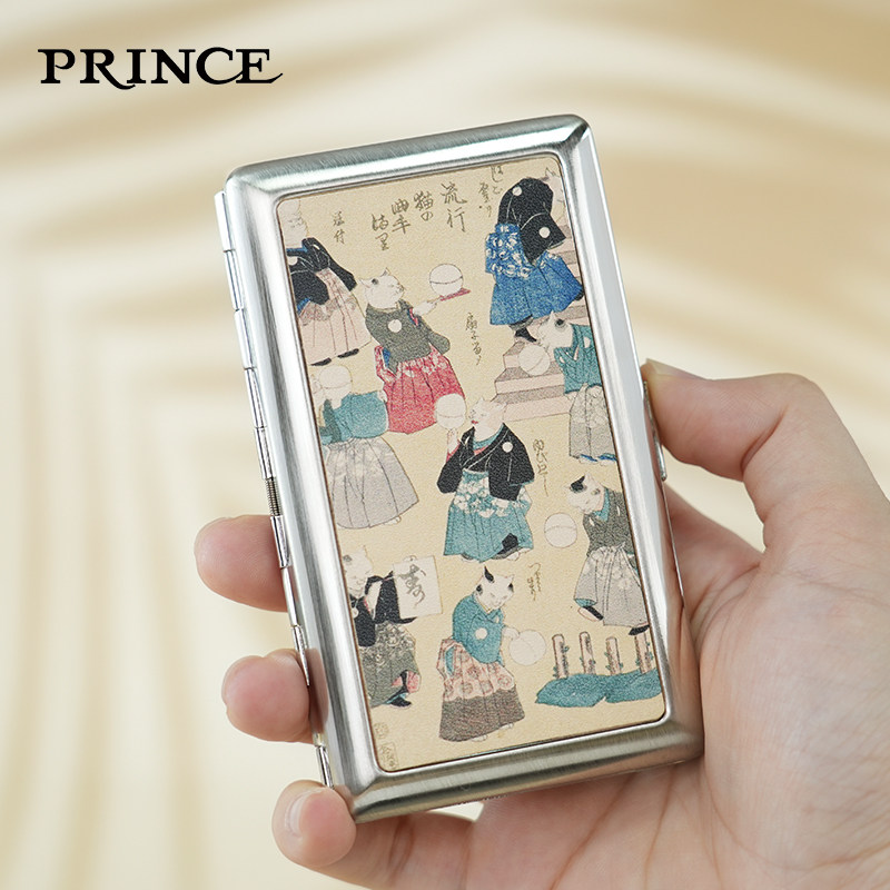 日本PRINCE王子烟盒金属黄铜真皮流行猫の曲鞠创意可收纳粗中细烟