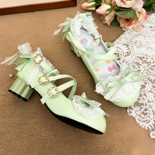 甜美少女风浅绿色蝴蝶结蕾丝绑带玛丽珍鞋lolita花嫁鞋中跟仙女风