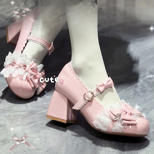 lo鞋女大童甜美可爱洛丽塔鞋子高跟蝴蝶结公主学生玛丽珍鞋配裙子