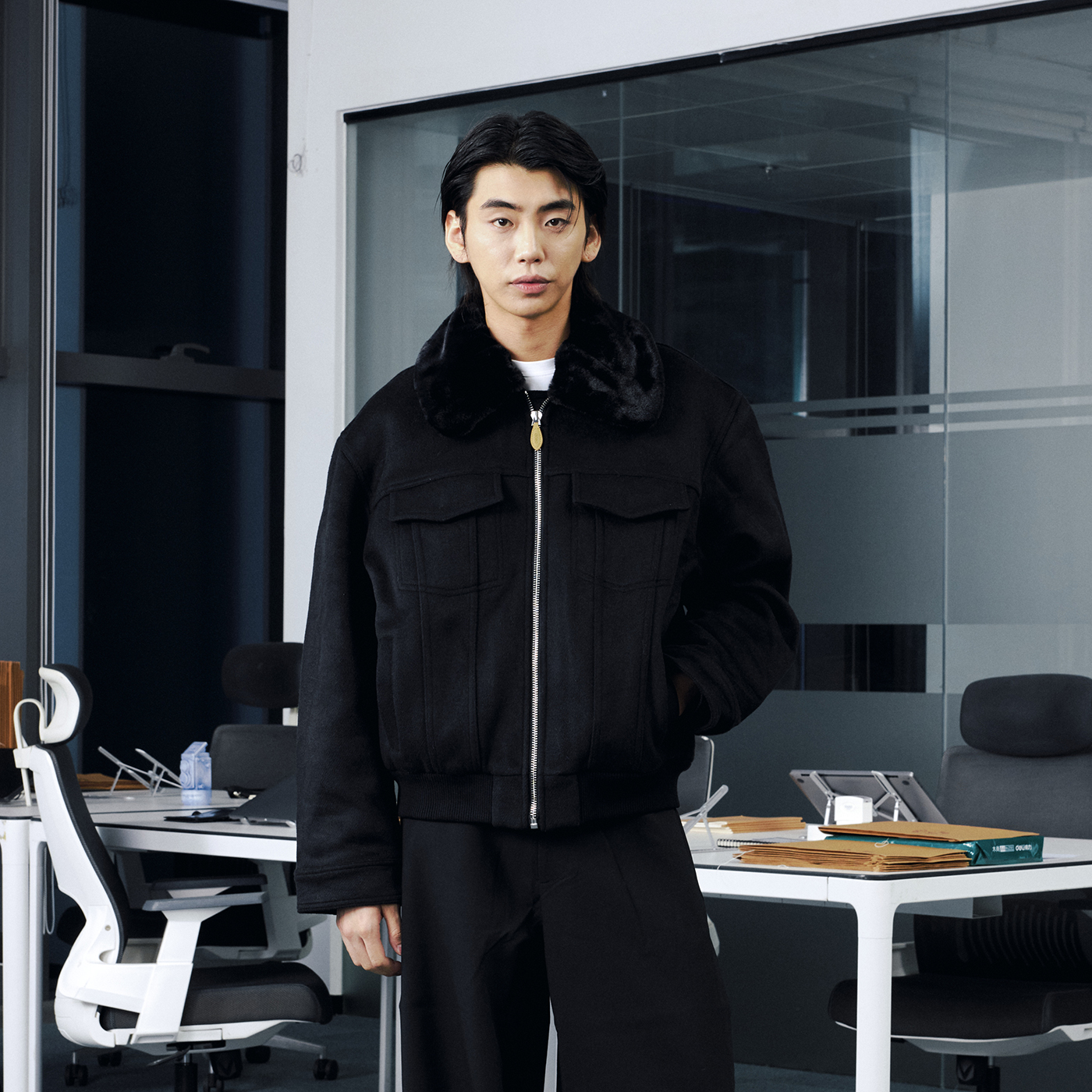 OaOO仿兔毛毛领羊毛立领棉服bomber短宽廓形夹克