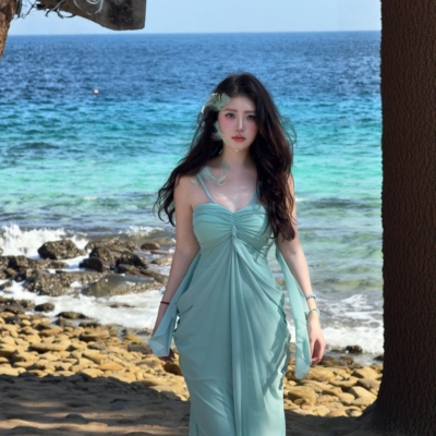 rose rain玫瑰自制区度假风V领长袖高腰收腰显瘦薄荷绿长款礼服裙