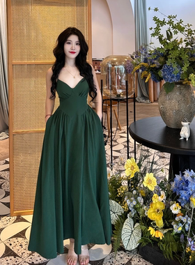 rose rain玫瑰自制区法式气质复古交叉绑带露背收腰吊带连衣裙