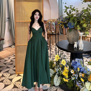 rose rain玫瑰自制区法式气质复古交叉绑带露背收腰吊带连衣裙