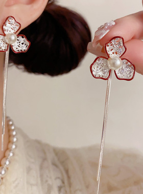 法式复古时尚厚银电镀满钻三叶花流苏耳坠个性轻奢百搭显瘦耳环女