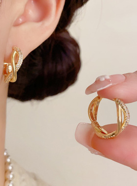 小众时尚独特设计感金属镶钻交叉耳扣气质轻奢百搭冷淡风耳圈