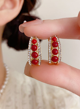法式复古高级感镶钻红色几何耳圈女精致时尚轻奢百搭通勤耳环批