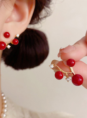 秋冬新款时尚简约红色珍珠镶钻后挂式耳环气质轻奢温柔百搭耳饰品