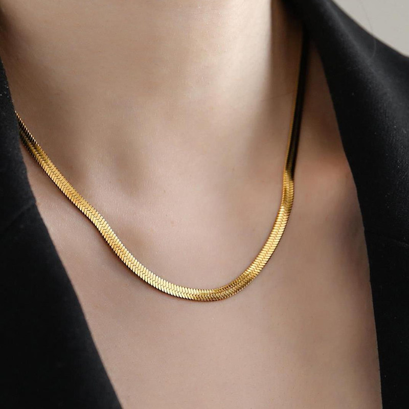 Sumo Original | Non-Fading ~ 18K Gold-Plated Snake Bone Necklace for Women, Short Choker, Wide, Minimalist, Niche Style