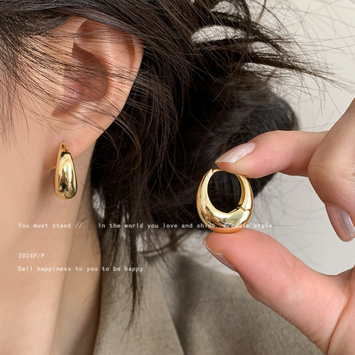 方圆脸金属素圈耳环2025新款高级感耳钉女小众冷淡风耳圈气质耳饰