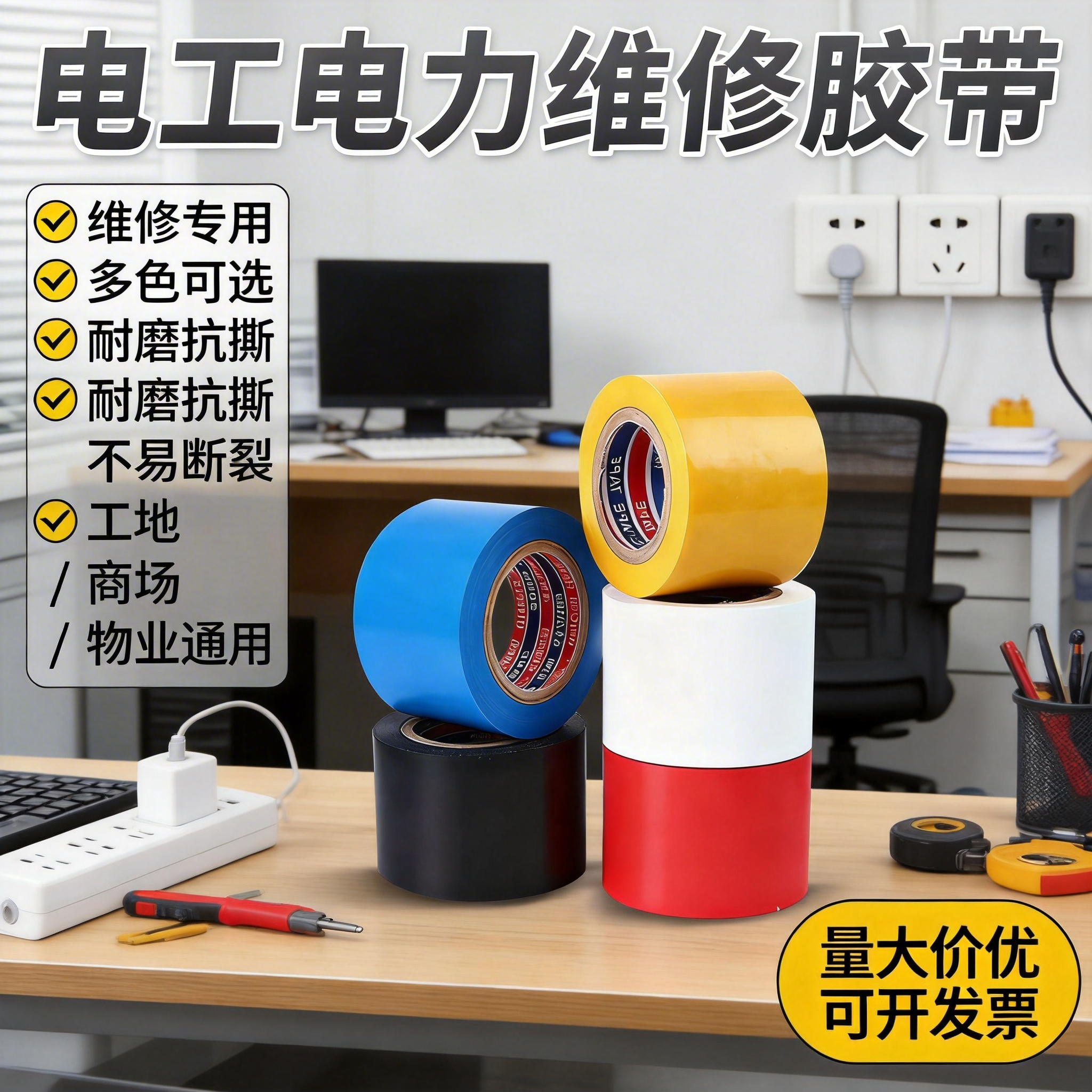 阻燃电工胶带绝缘防水耐高低温粘性牢固不易残胶抗拉扯不易断裂适用于家庭装修电路维修汽车线束包扎工业设备