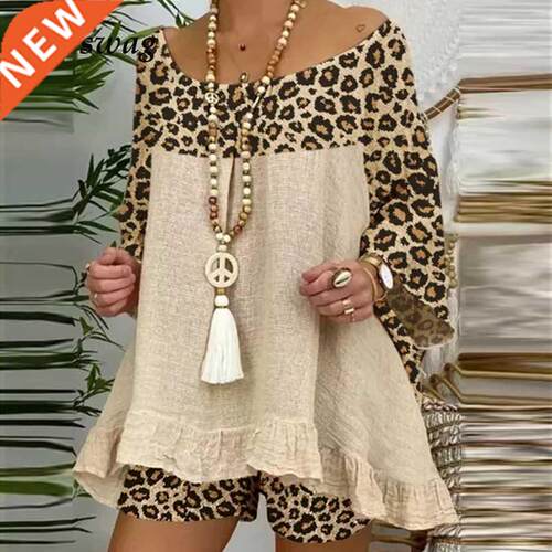 Summer Vintage Leopard Patchwork Outfits Set Cotton Linen Sh