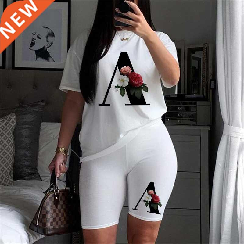 2022 New Women's Two Piece Top + Slim Shorts Letter T Shirt