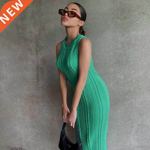 New Summer Solid Color Knitted Sleeveless Round Neck Dress W