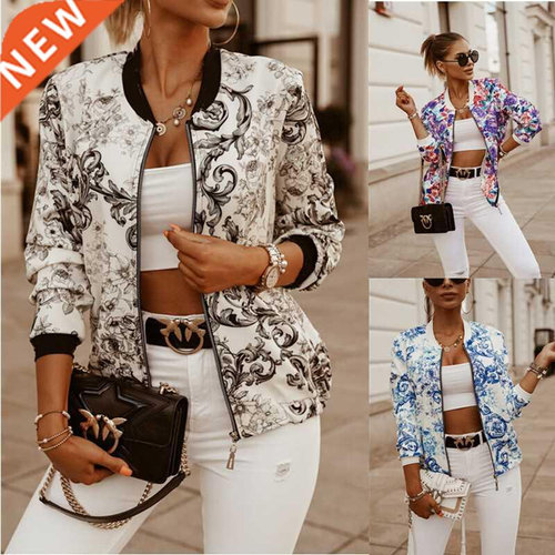 Leosoxs Flower Print Lon Sleeve Women's Bomber Jacket Fashi