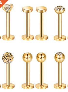 12PCS Stainless Steel Labret Piercing 16G Lip Ring Crystal L
