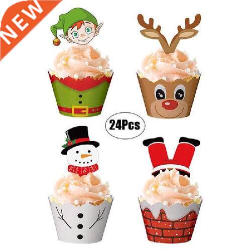 New 24X Christmas Snowman Santa Claus Cupcake Toppers And