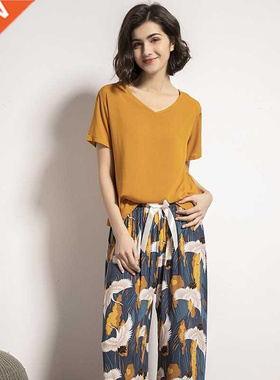 2022 Spring And Summer New Cartoon Crane Printed Ladies Paja