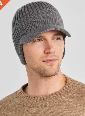 Short Brim Hat Men Winter Knitted Ear Protection Cap Think W